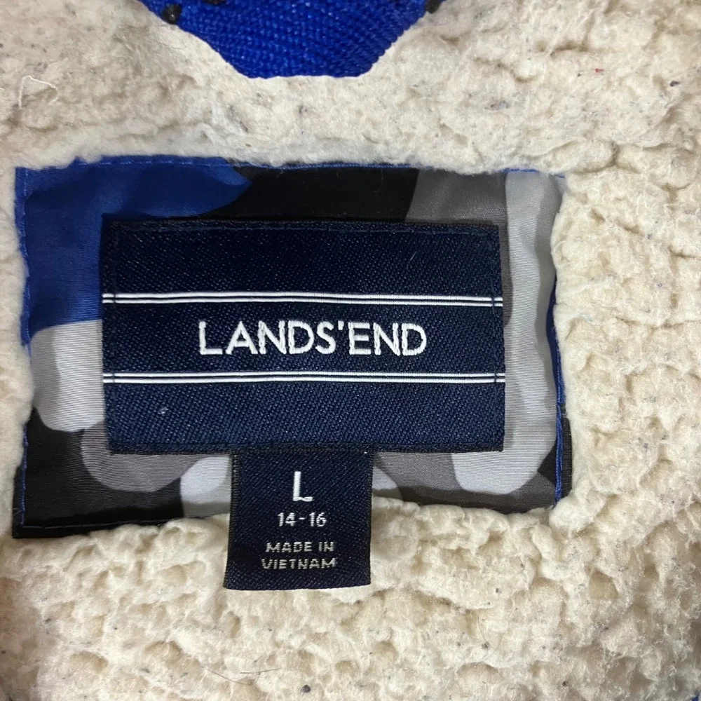 Lands End Boys Blue Camo Down Parka Jacket Sherpa Lined Hood Size L 14-16